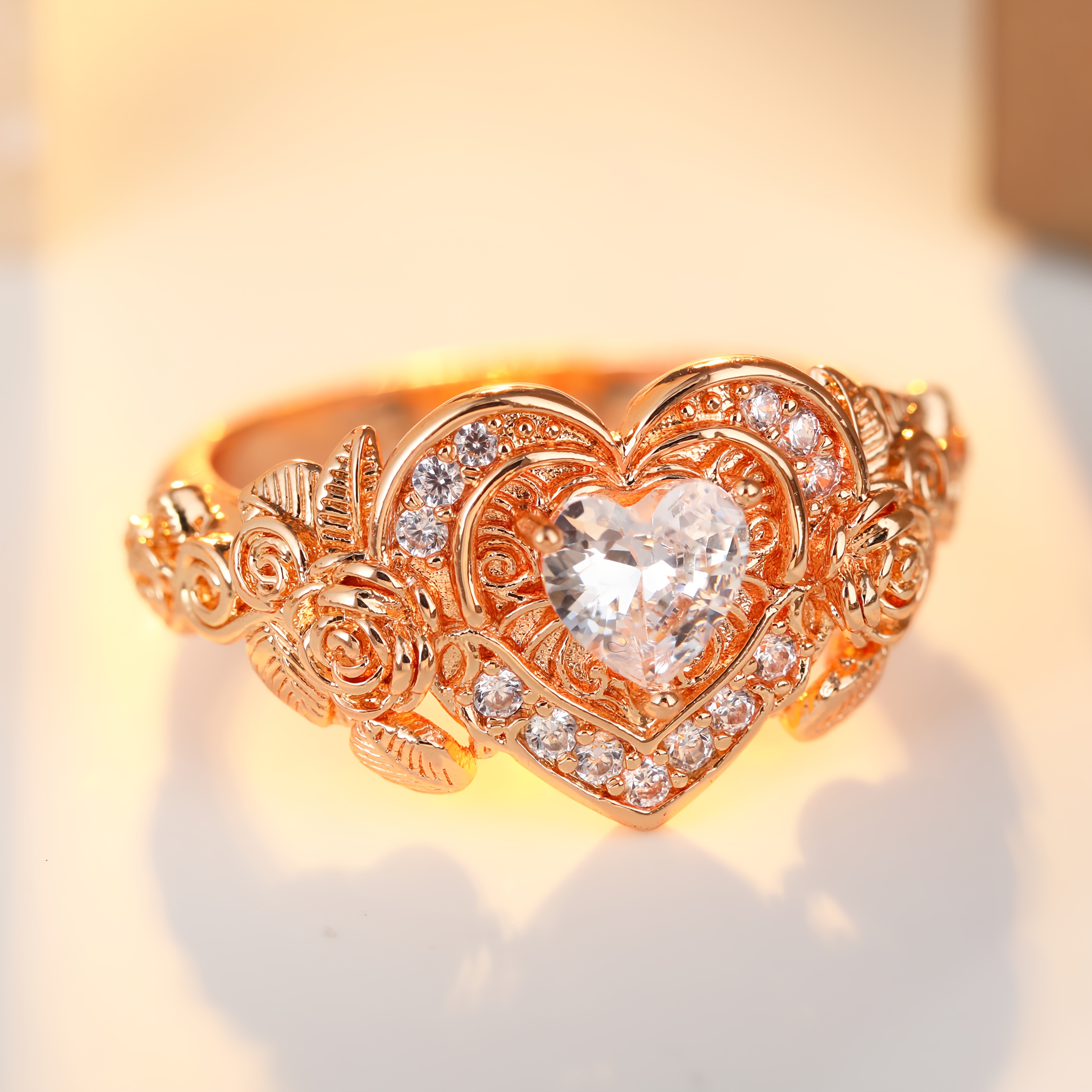 Women's Rose Gold Flower Synthetic Zirconia Ring, Elegant Design